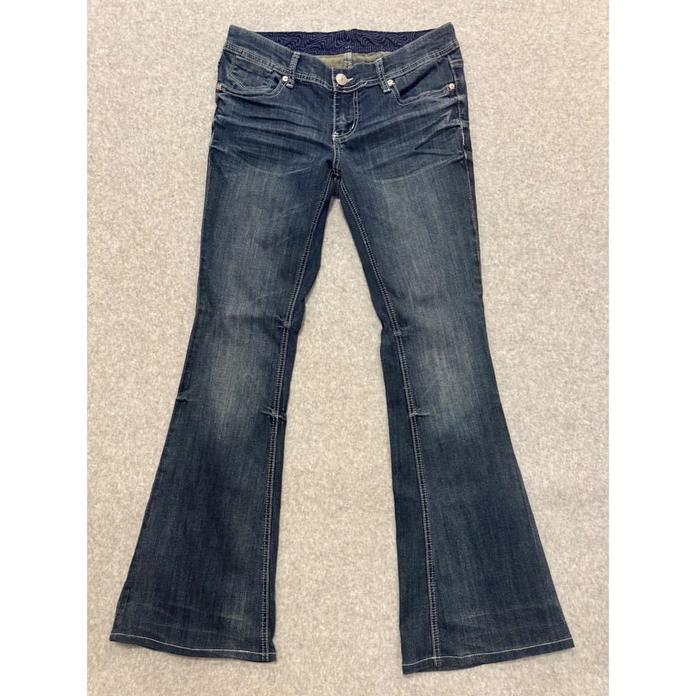 Y2K Seven7 Womens Dark Wash Low Rise Bootcut Flare Jeans Embroidered 29